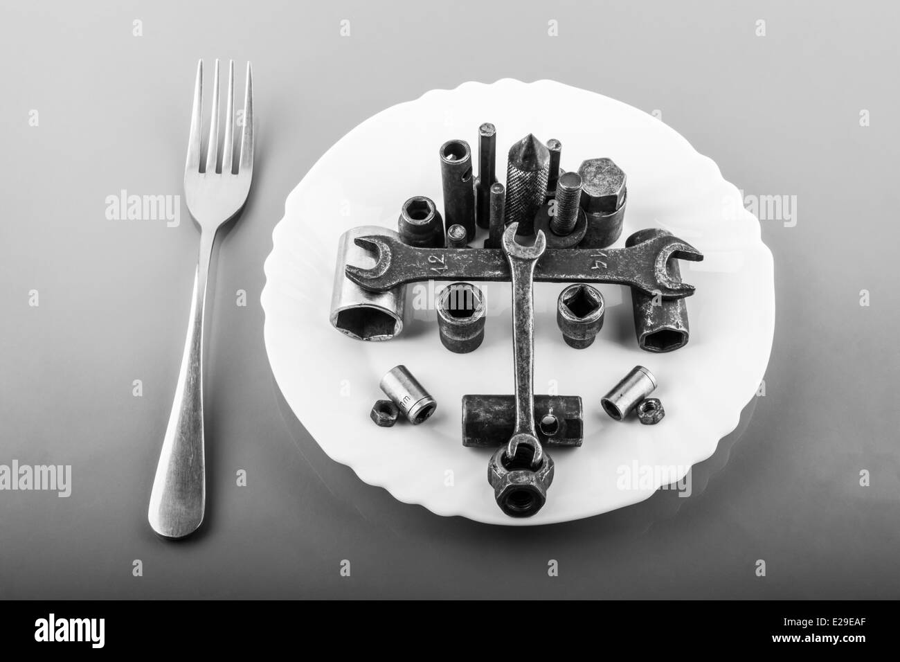 Una corretta alimentazione. Pasto pesante. In bianco e nero Foto Stock