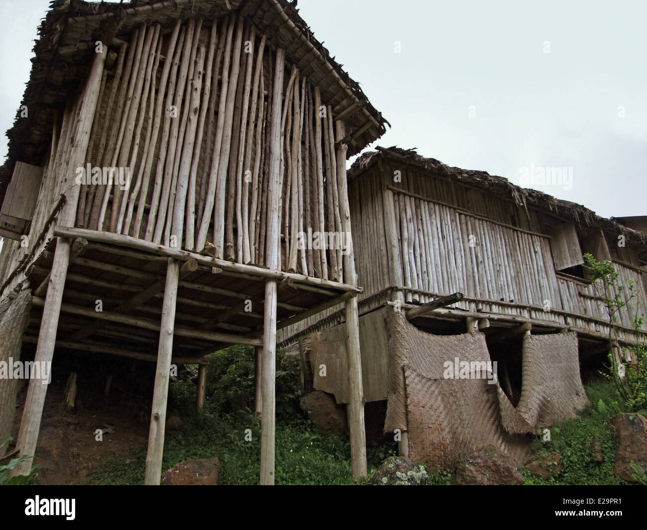 Bassa angolazione delle tradizionali case di legno in Uganda (Africa) Foto Stock