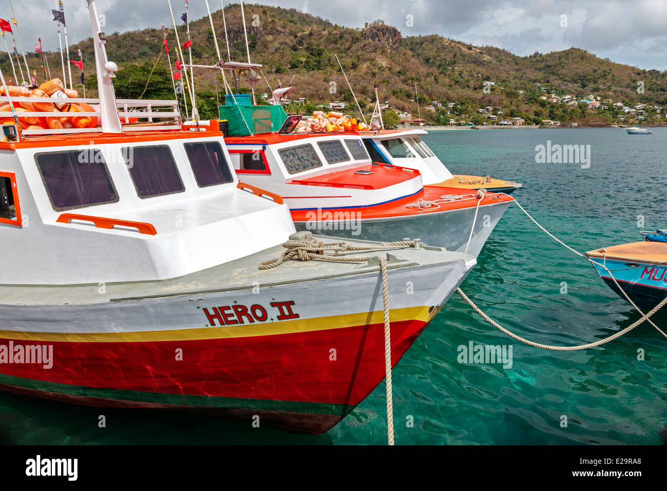 Barche di pescatori locali legati al Grand Mal Bay, San Giovanni District, Grenada, West Indies Foto Stock