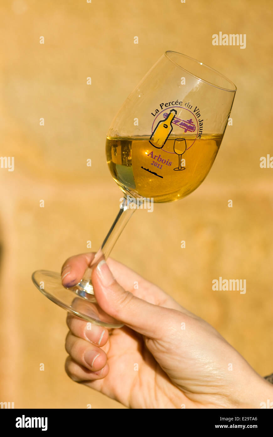 Francia, Giura, Arbois, rivoluzionario del vino di colore giallo, un bicchiere di vino di colore giallo Foto Stock