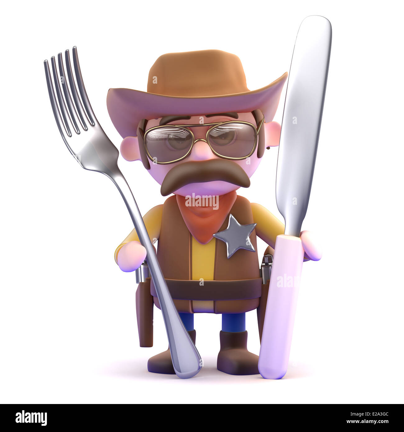 3d Cowboy sceriffo tiene un coltello e forchetta Foto Stock