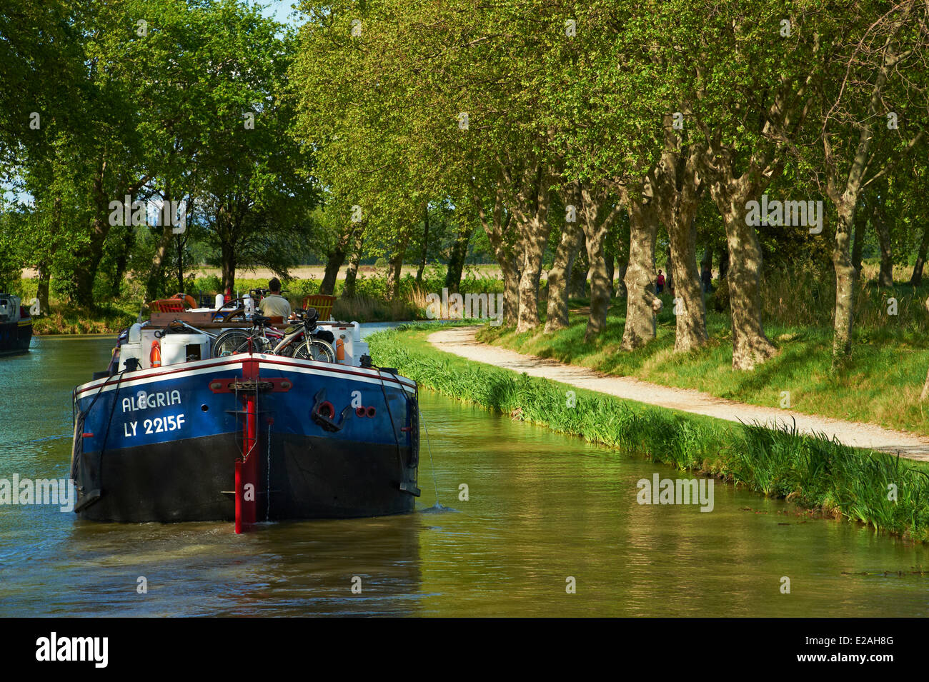 Francia, Aude, navigazione sul Canal du Midi, elencato come patrimonio mondiale dall' UNESCO, chiatta Foto Stock