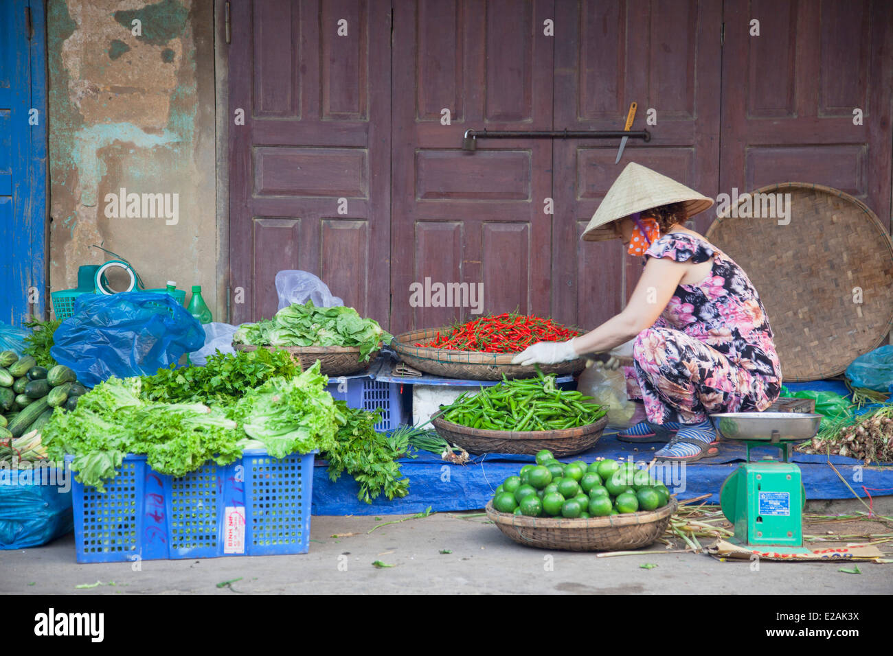 Donna vendita di verdure al mercato, Hoi An (Patrimonio Mondiale dell'UNESCO), Quang Nam, Vietnam Foto Stock