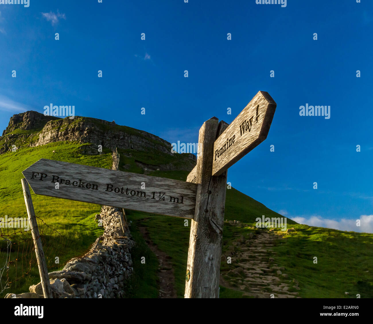 Pennine Way Signpost su Pen-y-Ghent montagna, Yorkshire Dales campagna la mattina presto, REGNO UNITO Foto Stock