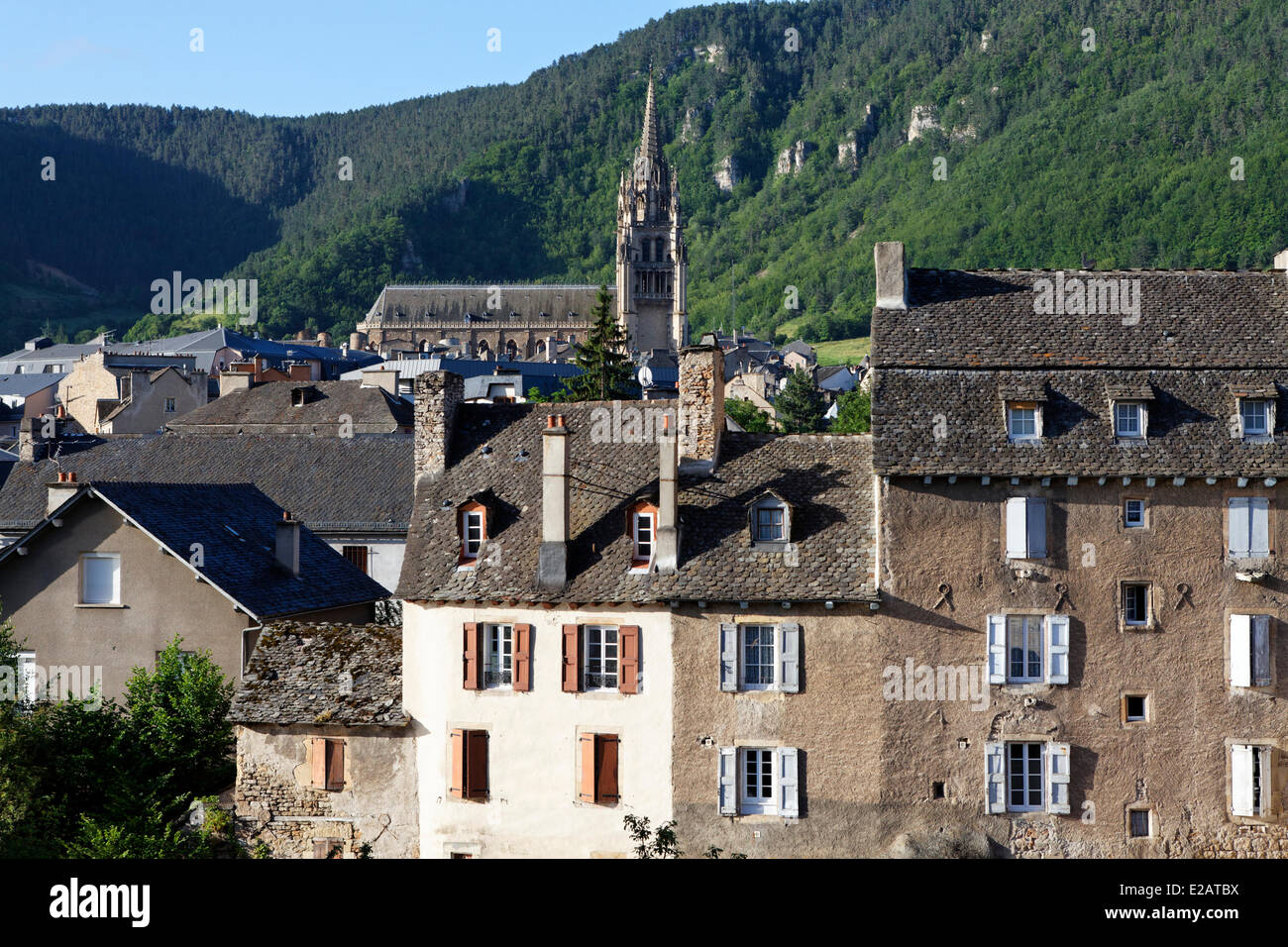 Francia, Lozère, Mende, vecchie case e la Cattedrale di Notre-Dame et Saint Privat Foto Stock