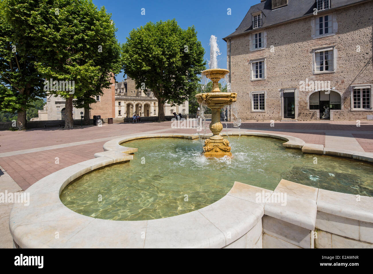 Francia, Pirenei Atlantiques, Bearn, Pau, fontana in ingresso del castello del XIV secolo il re Enrico IV il luogo di nascita Foto Stock