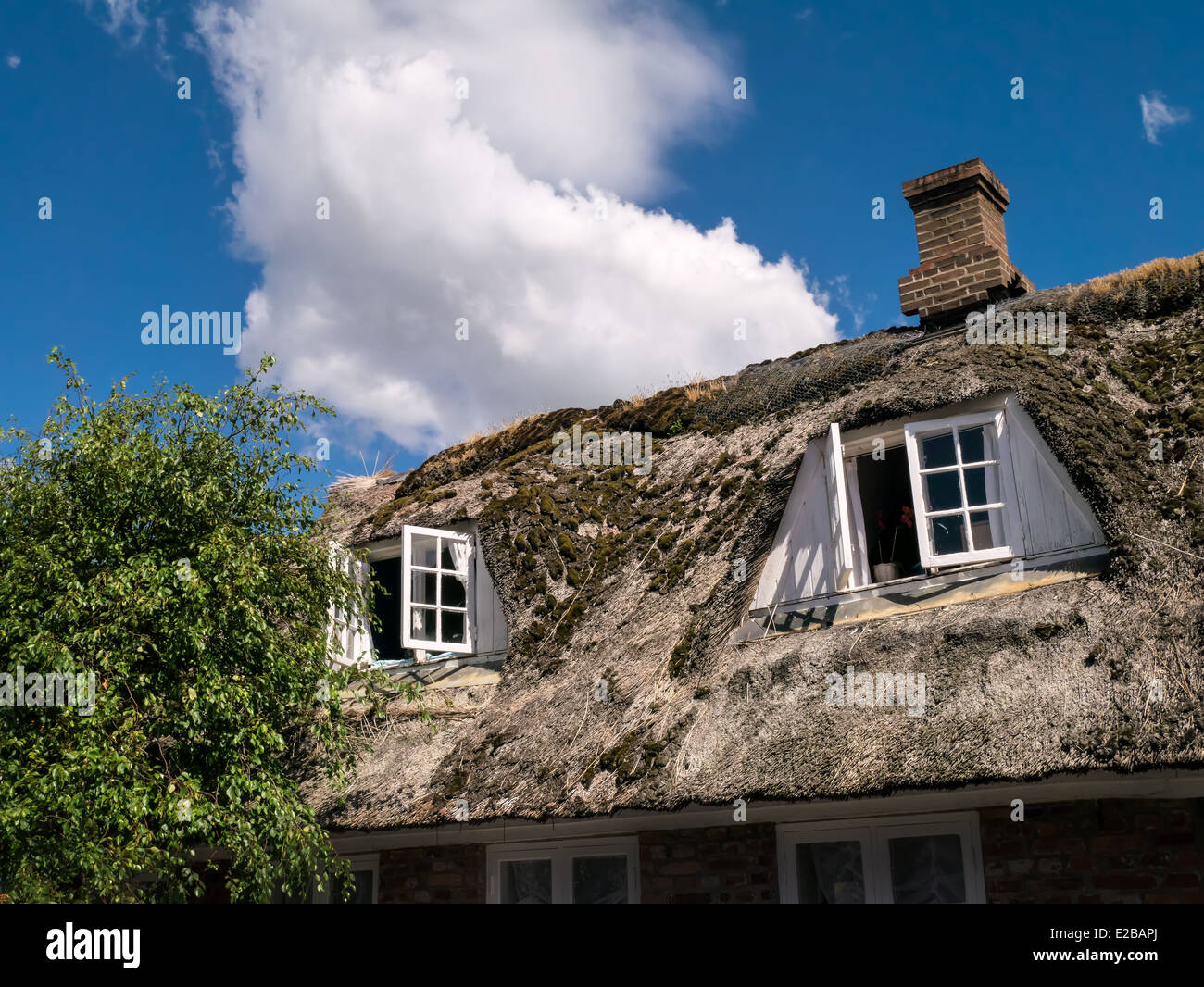 Vecchia casa con usurati tetto in Nordby sull'isola Fanoe, Danimarca Foto Stock