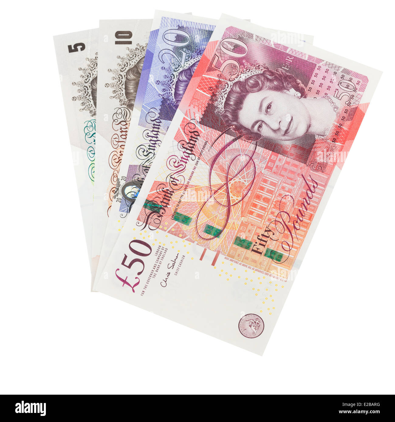 Banconote in inglese in varie denominazioni Foto Stock