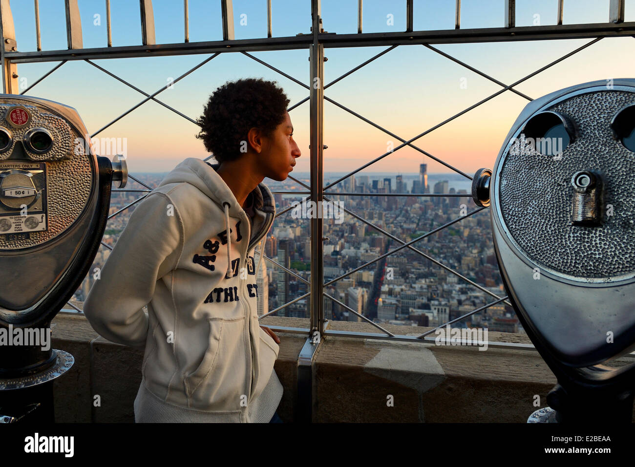 Stati Uniti, New York City, Manhattan, vista dall'Empire State Building oltre a sud di Manhattan e One World Trade Center Foto Stock