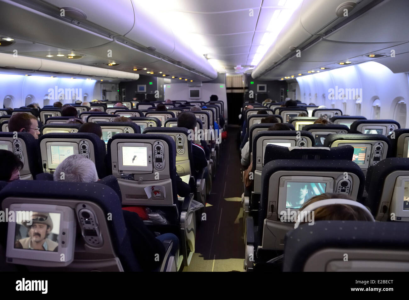 Stati Uniti, passeggero a bordo di un Airbus A380 di Air France-KLM durante il volo nuovo York-Paris Foto Stock