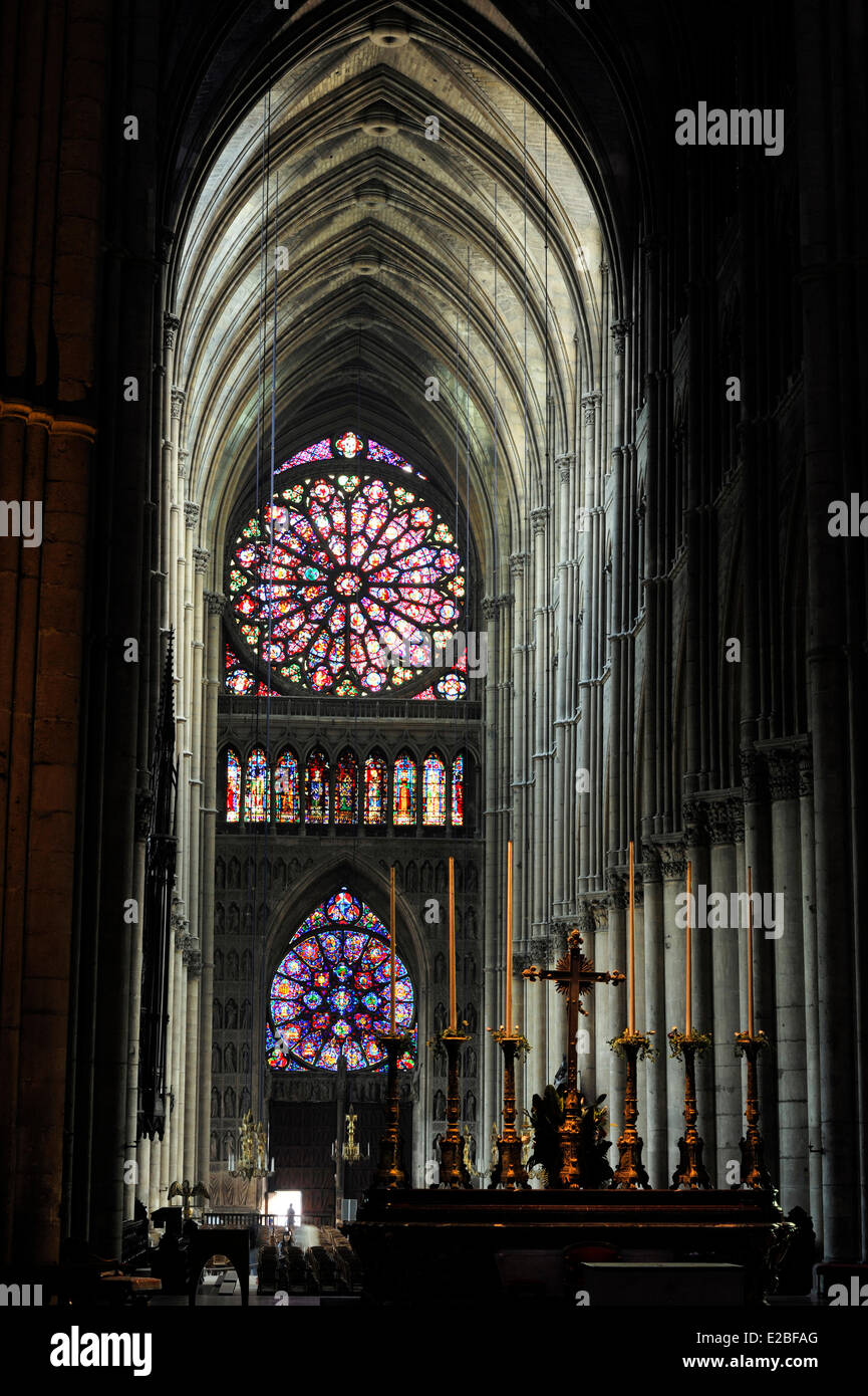 Francia, Marne, Reims, la cattedrale di Notre Dame sono classificati come patrimonio mondiale dall' UNESCO, il grande rosone Foto Stock