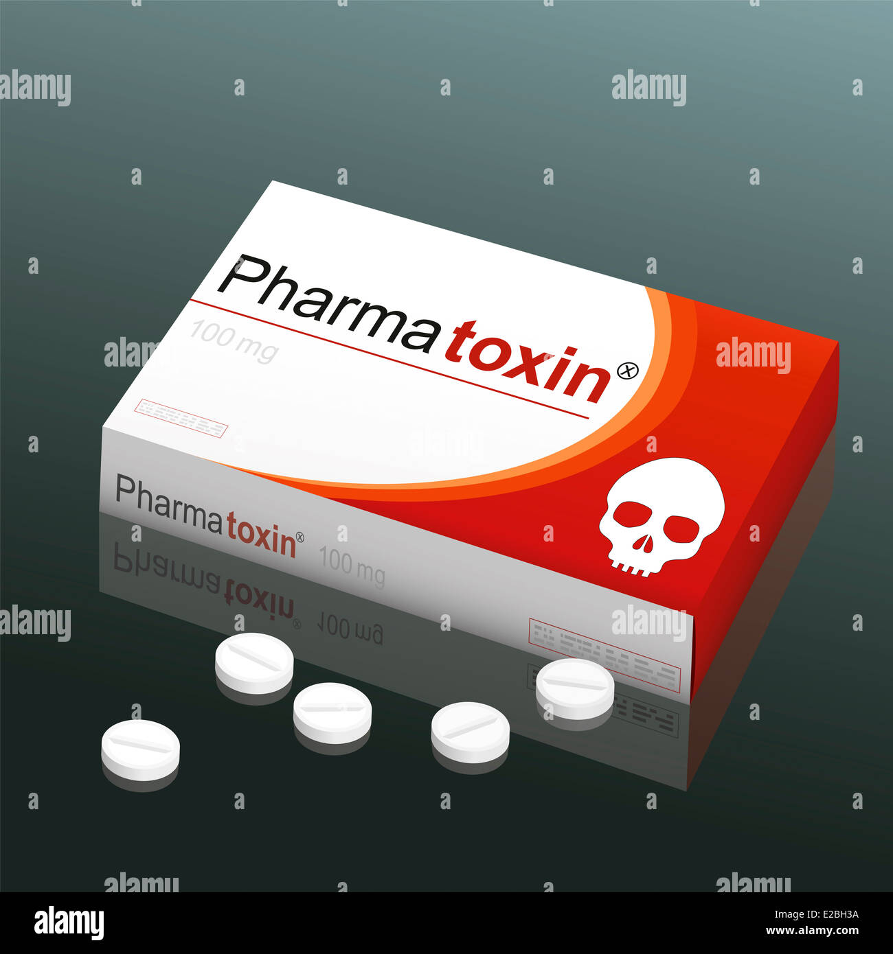 Pillole di nome Pharmatoxin con un cranio come il logo del marchio sul pacchetto di cartone. Si tratta di un medico di prodotto falso. Foto Stock
