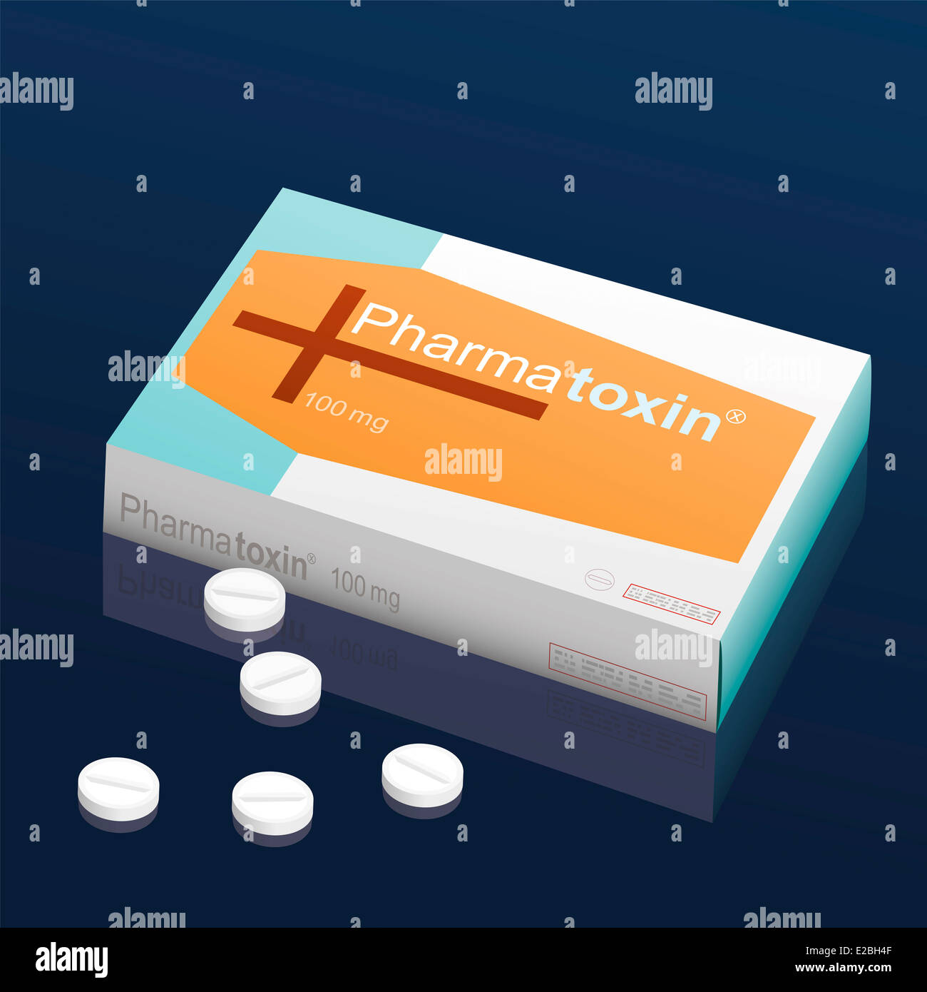 Pillole di nome Pharmatoxin con una bara e una croce sul pacchetto di cartone. Si tratta di un medico di prodotto falso. Foto Stock