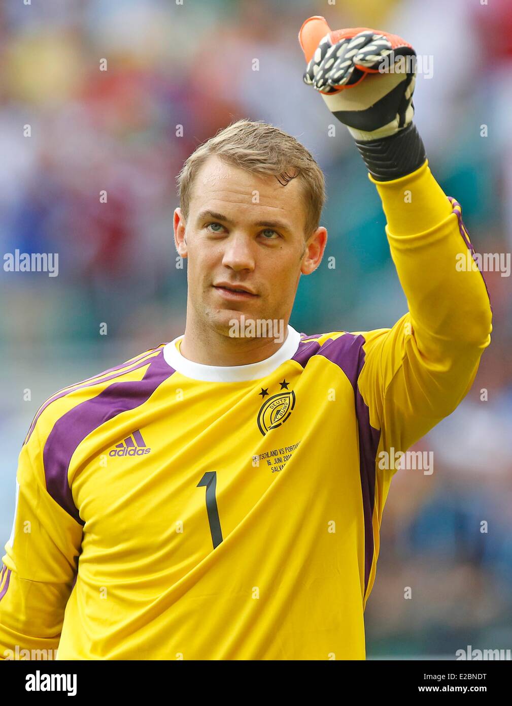 Salvador, Brasile. 16 Giugno, 2014. Manuel NEUER, DFB 1 Jubel, Freude, Emotionen, Feiern, Lachen, jubelt, freuen, reisst die Arme hoch, ballt die Faust DEUTSCHLAND - PORTOGALLO FIFA Fussball WM Weltmeisterschaft am 16.06.2014 in Salvador, BRASILIEN Credito: Peter Schatz/Alamy Live News Foto Stock