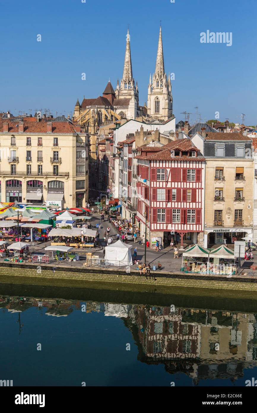 Francia, Pirenei Atlantiques, Bayonne, quai Amiral Dubourdieu, architettura tradizionale sul fiume Nive banche e le frecce della cattedrale Santa Caterina, giorno di mercato Foto Stock