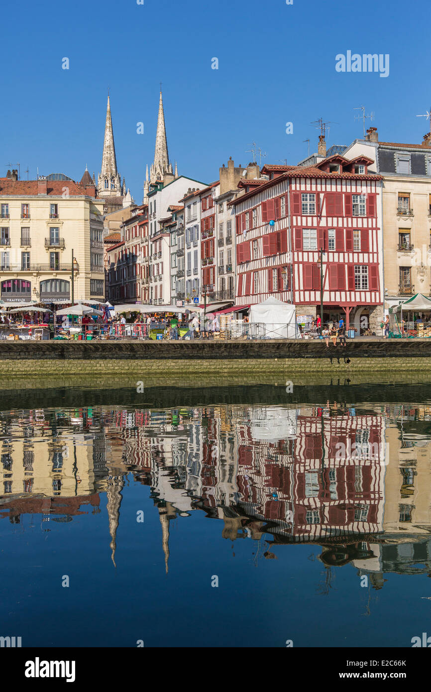 Francia, Pirenei Atlantiques, Bayonne, quai Amiral Dubourdieu, architettura tradizionale sul fiume Nive banche e le frecce della cattedrale Santa Caterina, giorno di mercato Foto Stock