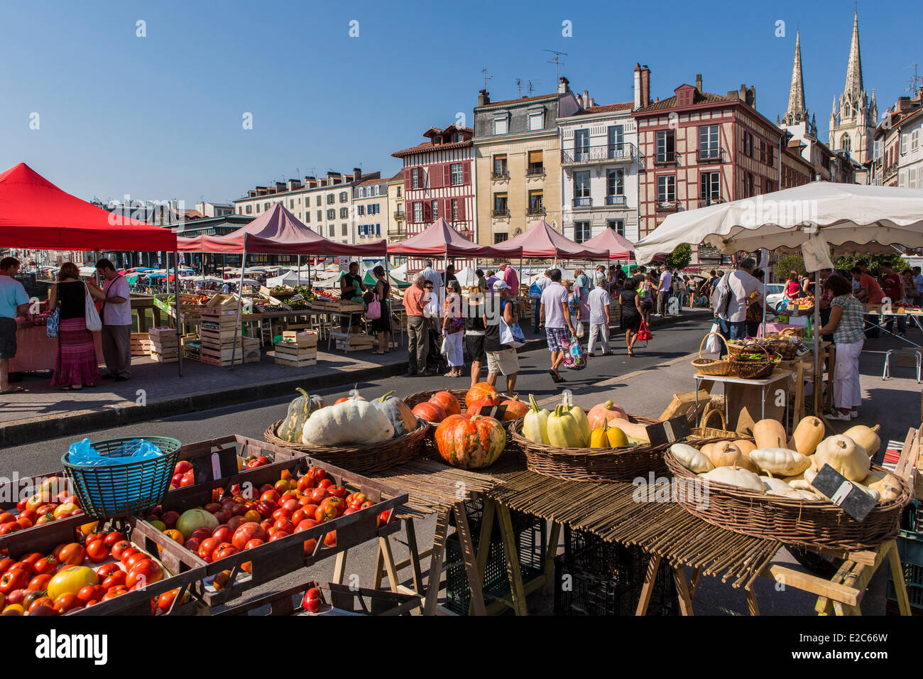 Francia, Pirenei Atlantiques, Bayonne, quai Amiral Dubourdieu, giorno di mercato sul ponte di Marengo, architettura tradizionale sul fiume Nive banche e le frecce della cattedrale Saint Catherine Foto Stock