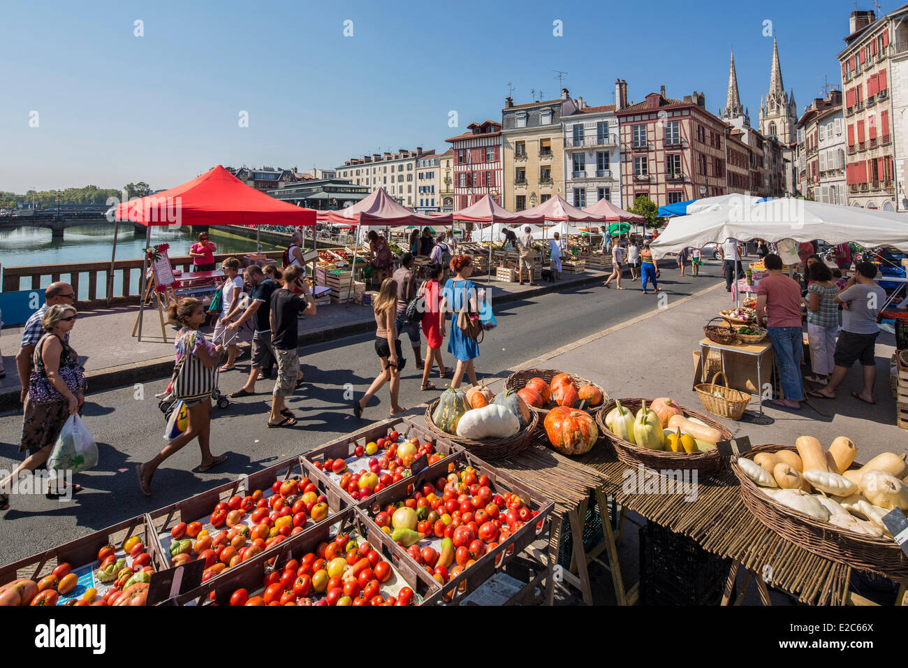Francia, Pirenei Atlantiques, Bayonne, quai Amiral Dubourdieu, giorno di mercato sul ponte di Marengo, architettura tradizionale sul fiume Nive banche e le frecce della cattedrale Saint Catherine Foto Stock