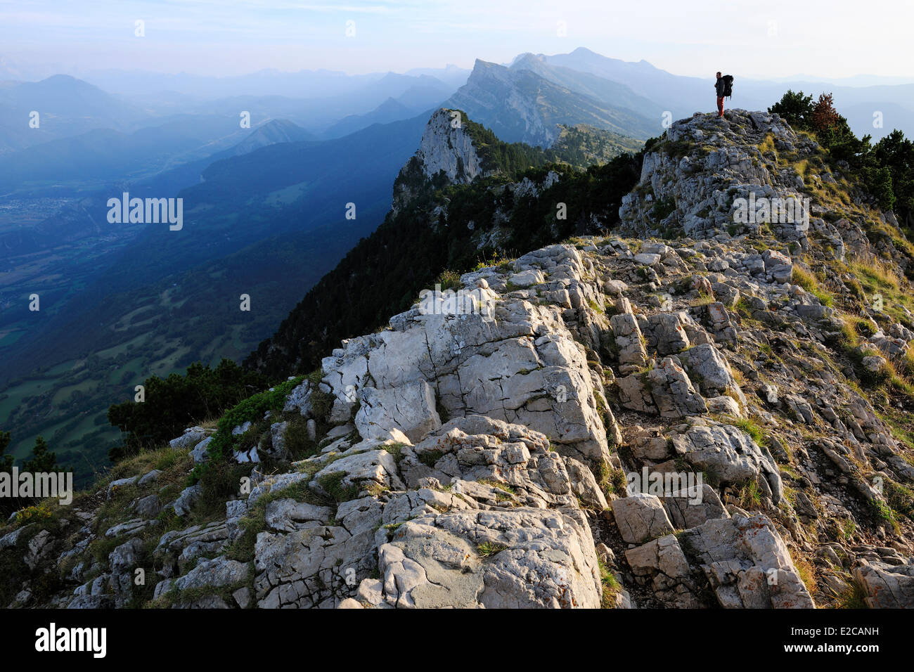 Francia, Isere, Parc Naturel Regional du Vercors (Parco Naturale Regionale del Vercors), nord del promontorio della barriera orientale di Vercors, i picchi della Grande Roche Saint Michel (frazioni di Moucherotte), Escursionismo sulla GR9 sentiero escursionistico Foto Stock