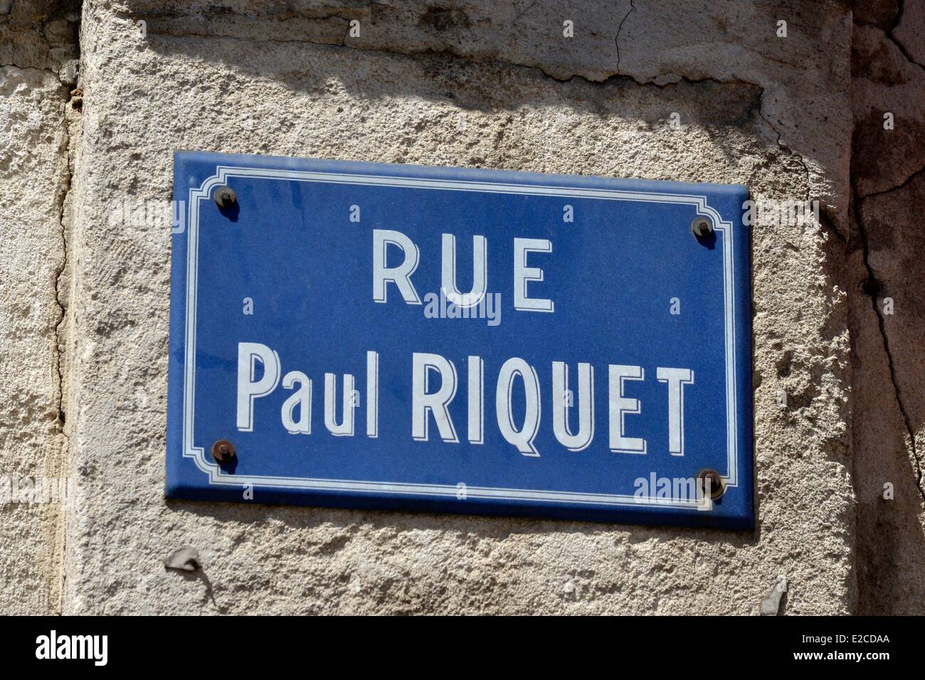 Francia, Herault, Beziers, smaltato street Piastra che indica il nome del creatore del Canal du Midi Foto Stock