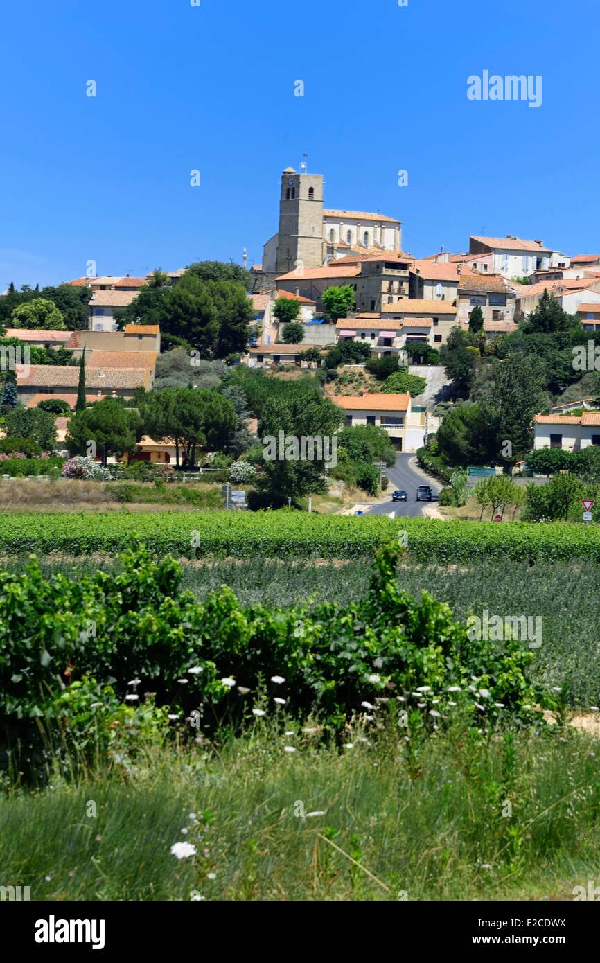 Francia, Herault, Corneilhan, vino borgo situato sulle alture di una collina che domina tutta la pianura di Orb Foto Stock