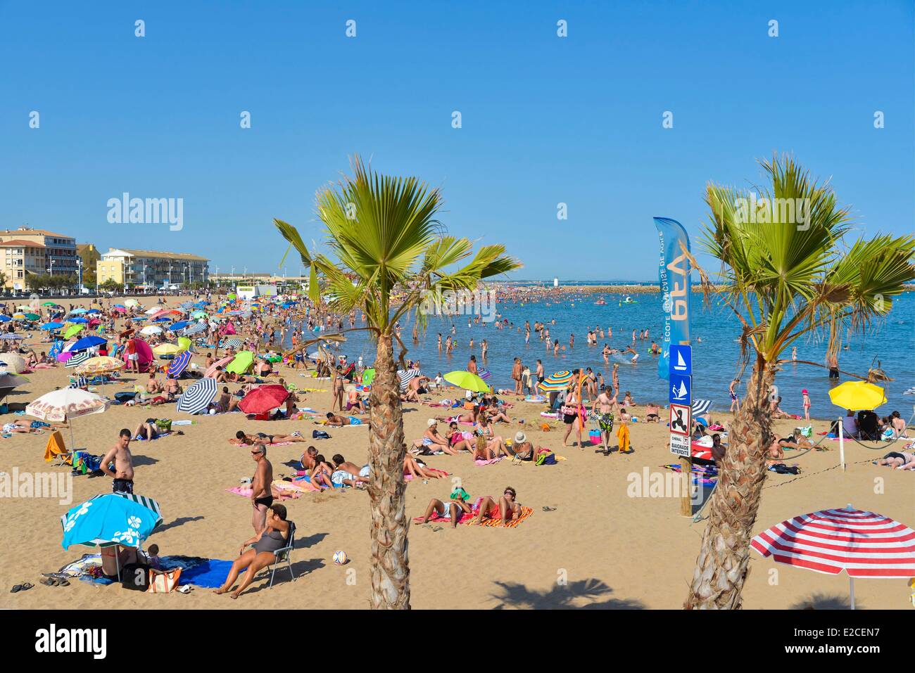 Francia, Herault, Valras Plage, vacanzieri prendendo il sole su di una spiaggia di sabbia con le palme in primo piano Foto Stock