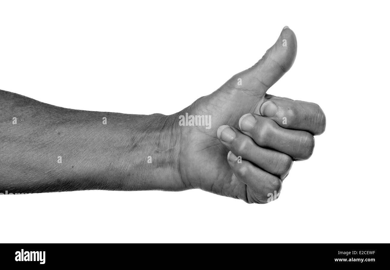 Vecchia donna con artrite dando il pollice in alto segno, pelle grigio Foto Stock
