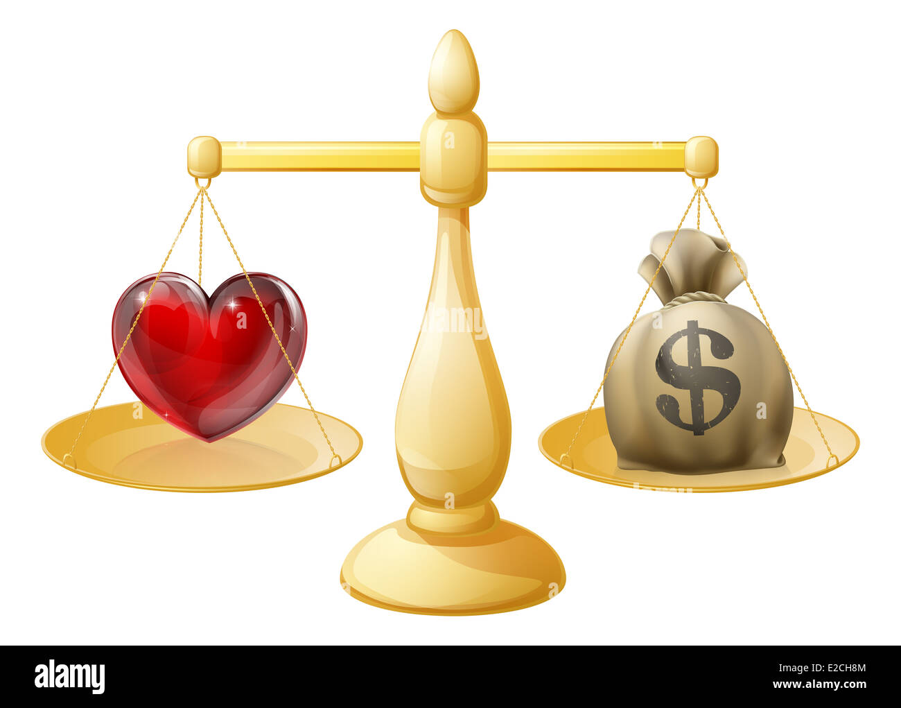 Equilibrio tra lavoro e vita familiare illustrazione. Con cuore simbolo  segno su un lato della bilancia e un sacco di denaro sull'altro lato Foto  stock - Alamy