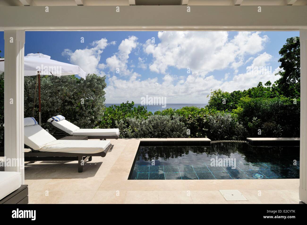 Francia Guadalupa (Indie occidentali francesi) Saint Barthelemy Toiny Le Toiny hotel terrazza con vista sul mare Foto Stock