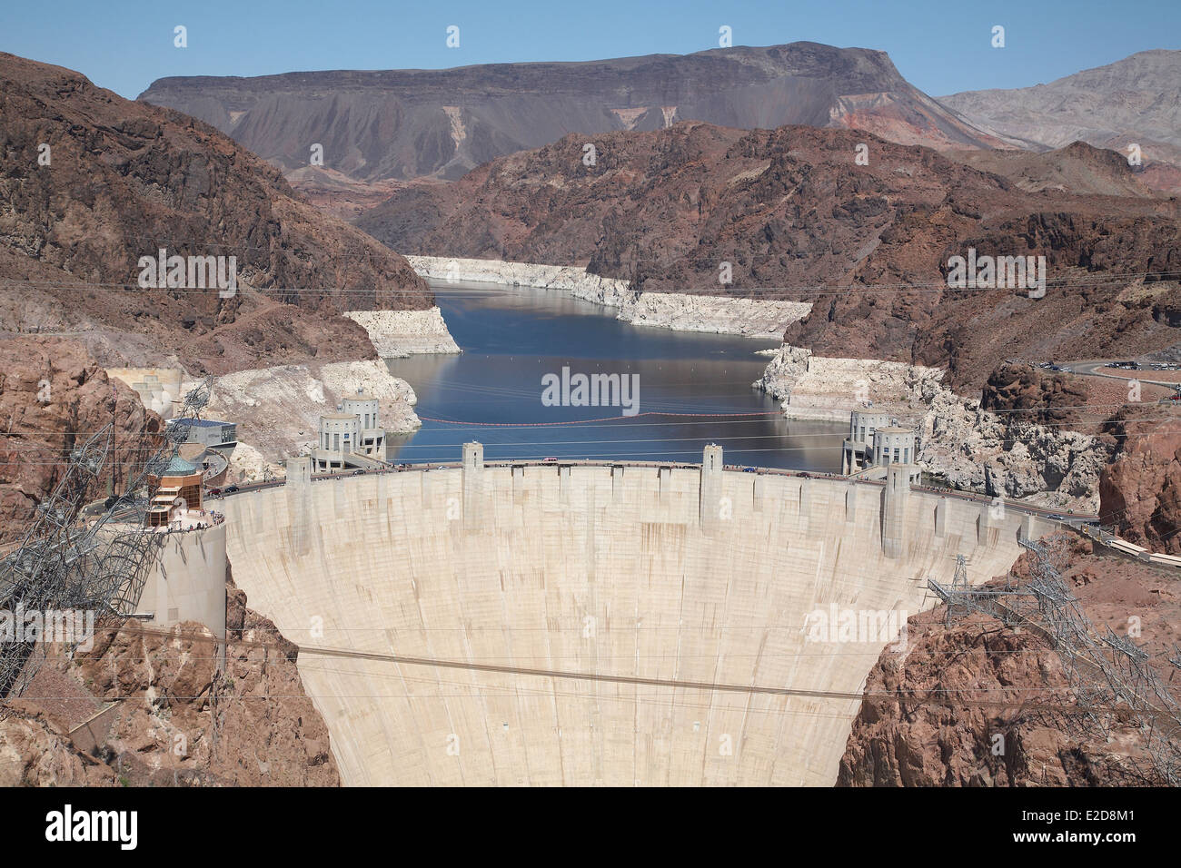 Hoover Dam Situato nel Black Canyon del Fiume Colorado tra Arizona e Nevada linea di confine USA, aprile 2014 Foto Stock