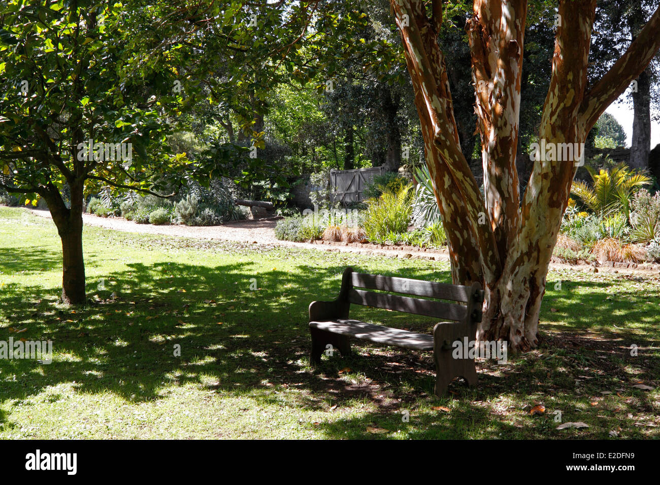 Un giardino ombreggiato sedile. Regno Unito. Foto Stock