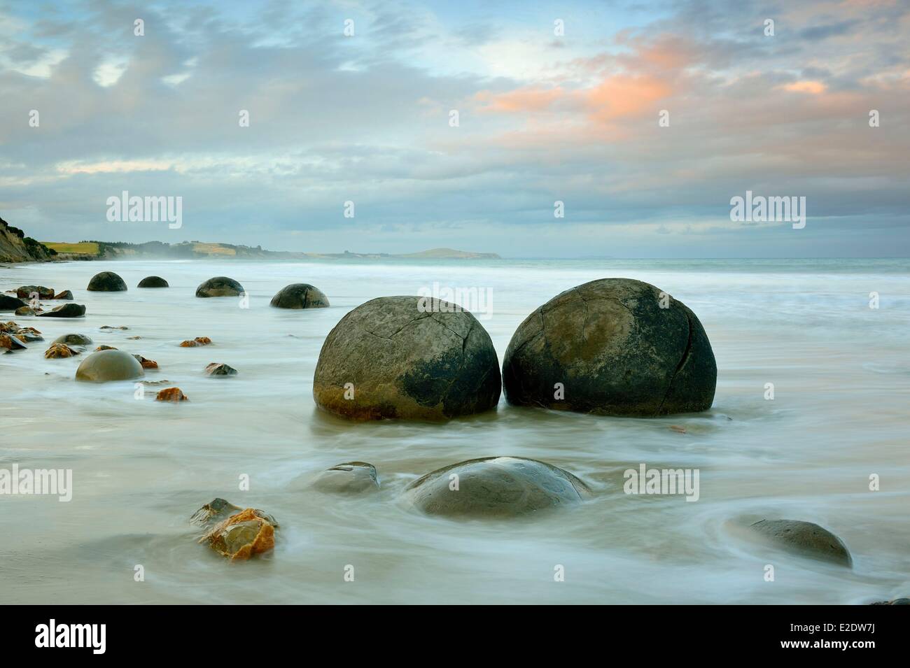 Nuova Zelanda Isola del Sud regione di Otago i massi Moeraki massi sferica giacente lungo un tratto di spiaggia Koekohe tra Foto Stock