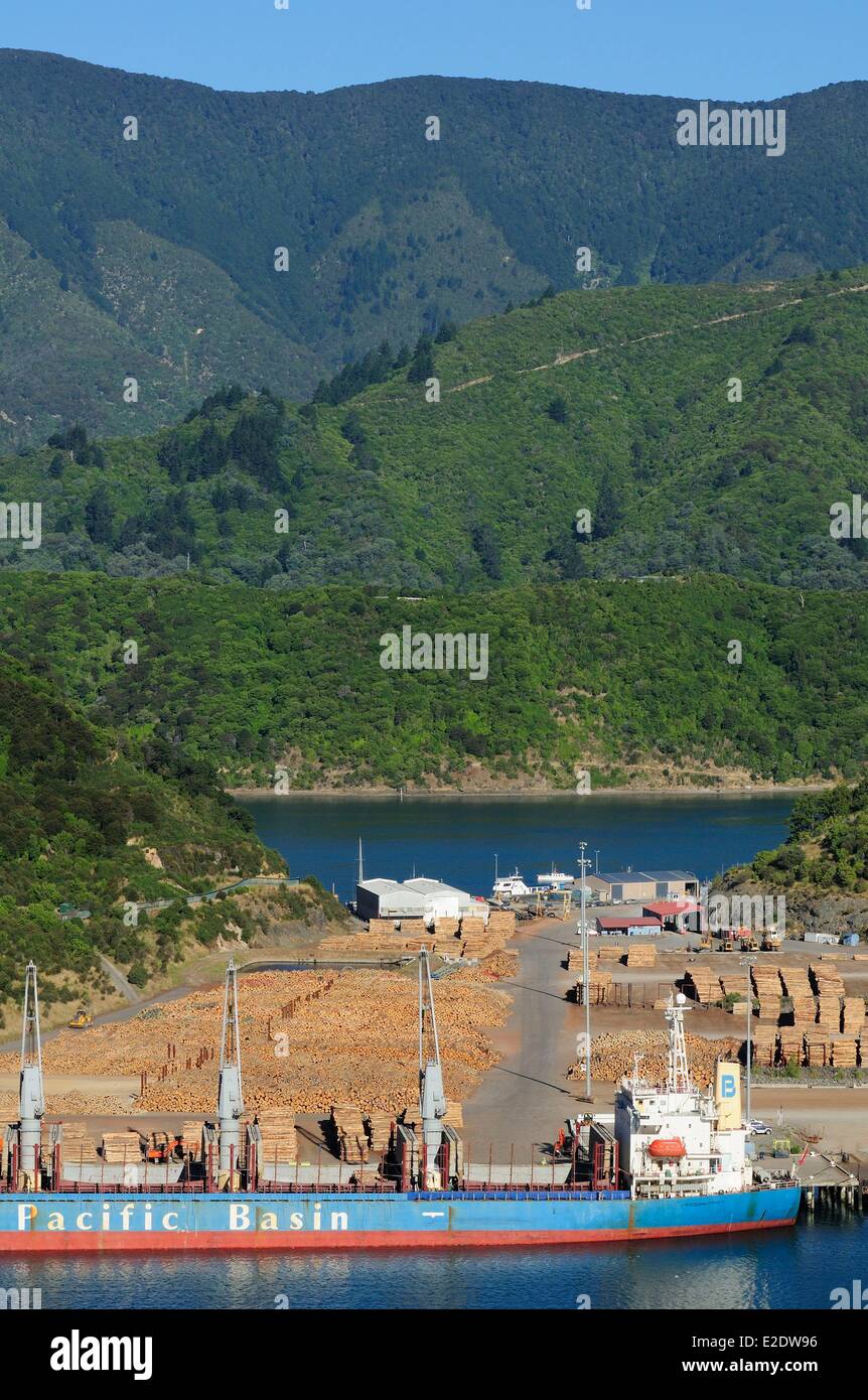 Nuova Zelanda, Isola del Sud, regione di Marlborough, la città di Picton nord est dell'isola, alla fine di Queen Charlotte Drive, nella riparata Queen Charlotte Sound (parte di Marlborough Sounds), il porto commerciale nella baia di Shakespeare Foto Stock