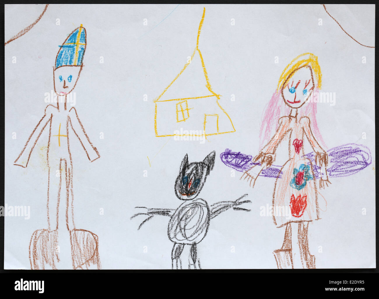 Per Bambini Disegno Di Saint Nicholas Seguita Dall Angelo E Diavolo E Una Casa Gialla Disegnato Da Una Bambina Di Cinque Anni Foto Stock Alamy