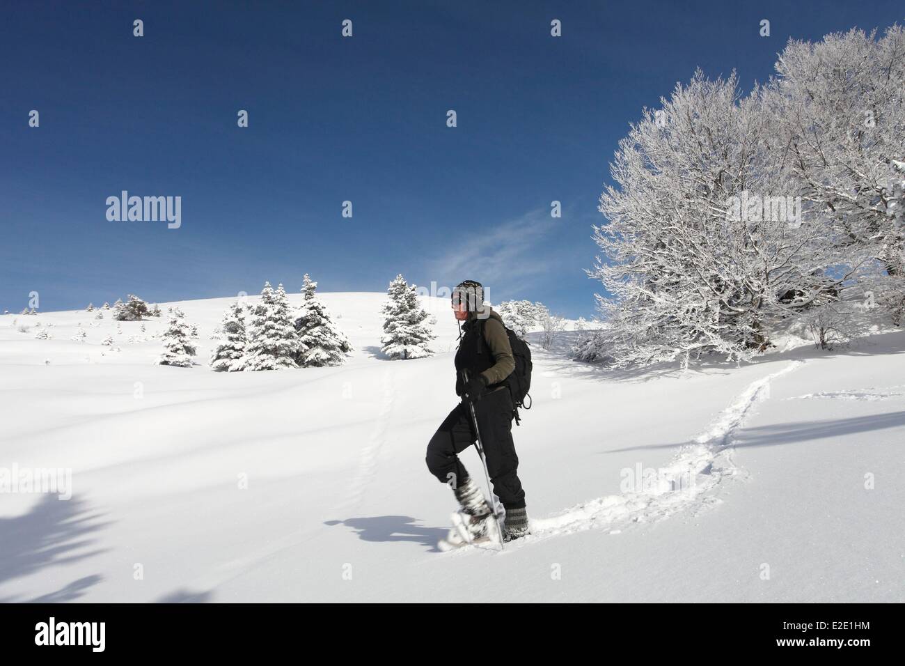 Francia Isere Vercors riserva naturale nazionale con le racchette da neve escursionista femmina sopra il villaggio Foto Stock