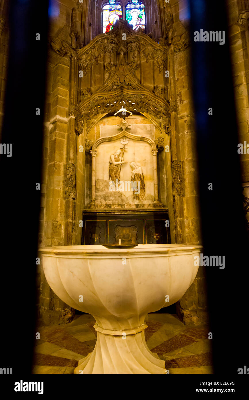 L'acqua santa Font in La Seu nella cattedrale di Barcellona, Spagna Foto Stock