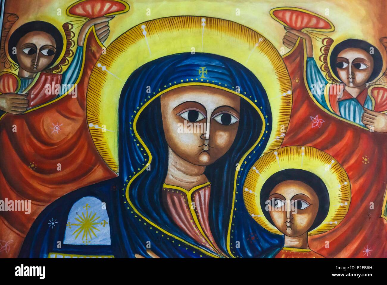 Etiopia, Amhara Region, Lalibela, Madonna wnd bambino dipinto nella Chiesa Bet Gabriel elencati come patrimonio mondiale dall' UNESCO Foto Stock