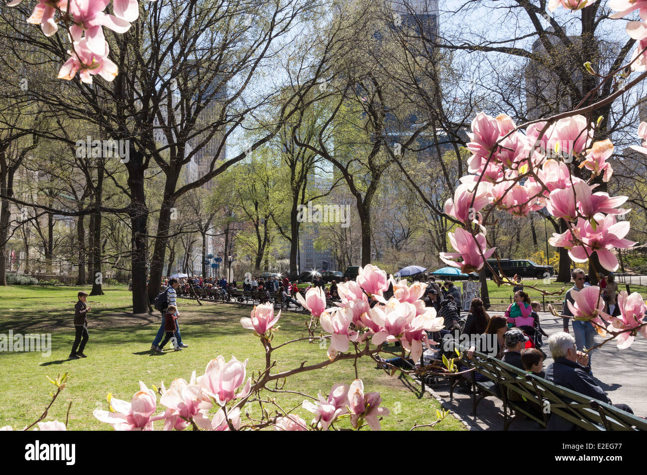 La folla godendo una giornata di primavera, al Central Park di New York, Stati Uniti d'America Foto Stock