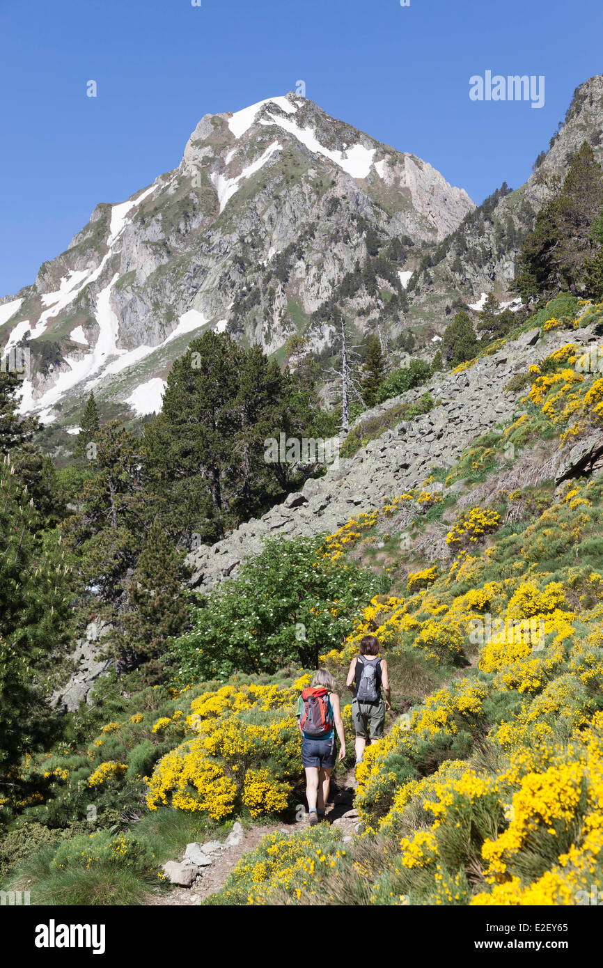 Francia, Ariège, Querigut, Donezan, gli escursionisti sulla strada per il lago di Laurenti e Roc Blanc peak Foto Stock