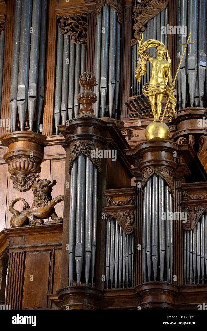 Francia, Haute Saône, Luxeuil les Bains, San Colombano abbey, Saint Pierre basilica datata XIII-XIV secolo, organo 1617 Foto Stock