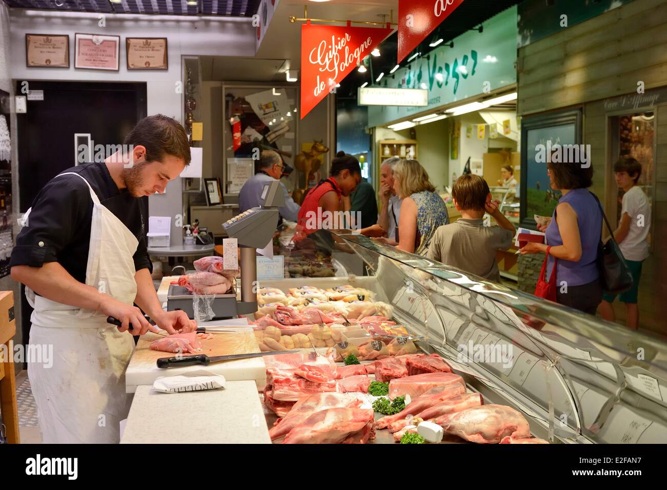 Francia Rodano Lyon Cours Lafayette les Halles Paul Bocuse (Paul Bocuse mercato coperto) Boucherie Trolliet anche Meilleur ouvrier Foto Stock