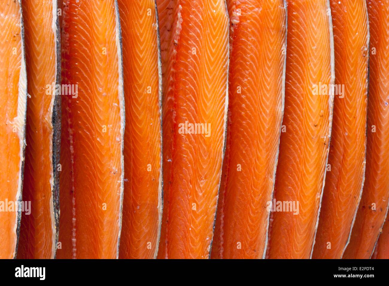 Regno Unito London Southwark Bermondsey Maltby Street al mercato del sabato fondata nel 2010 norvegesi di salmone affumicato a mano a Foto Stock