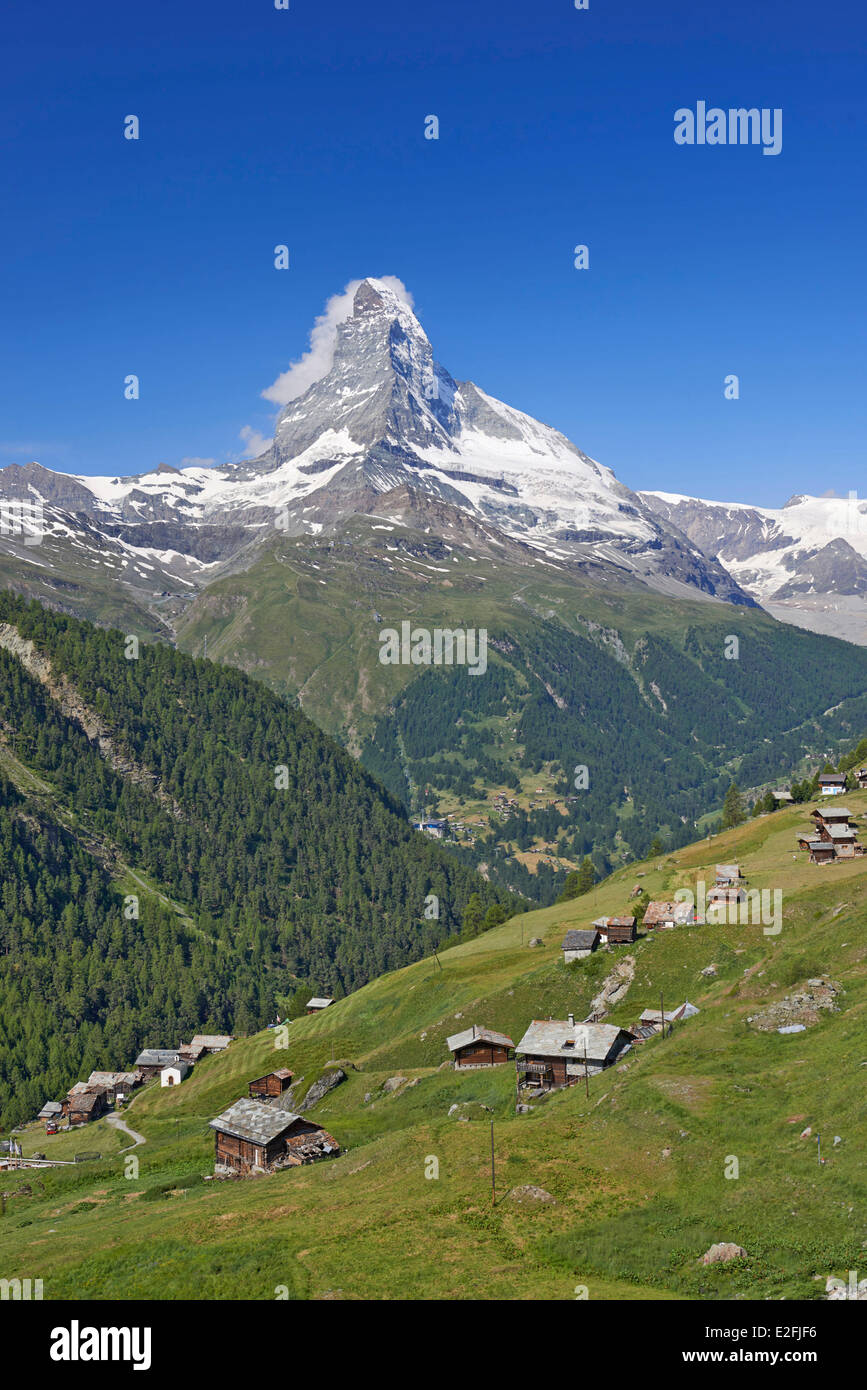 La Svizzera nel canton Vallese, Zermatt e il Cervino (4478m) e borghi Findeln Foto Stock