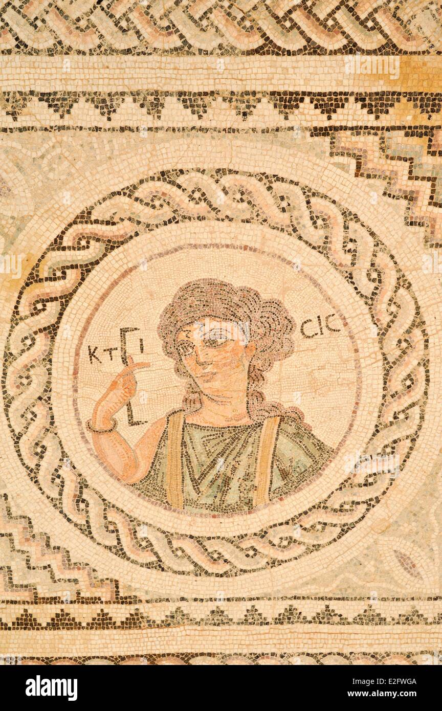 Cipro Limassol District Kourion sito archeologico mosaico di casa Eustolios Ktisis incarnazione del potere creativo con nel suo Foto Stock