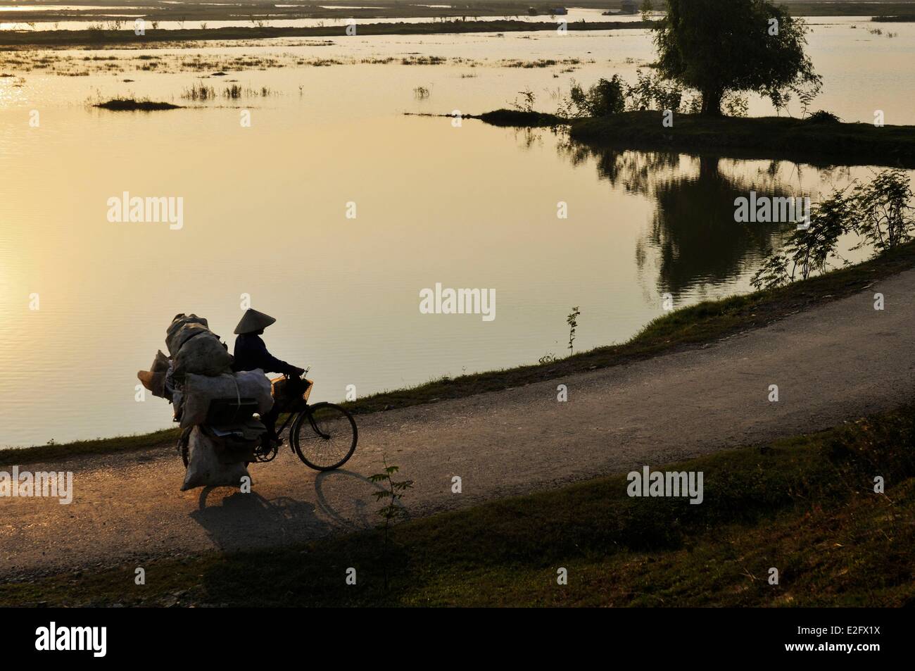 Il Vietnam Ninh Binh provincia soprannominato Inland Halong Bay Ken Ga nei pressi di Hoa Lu ciclista sulla diga Foto Stock