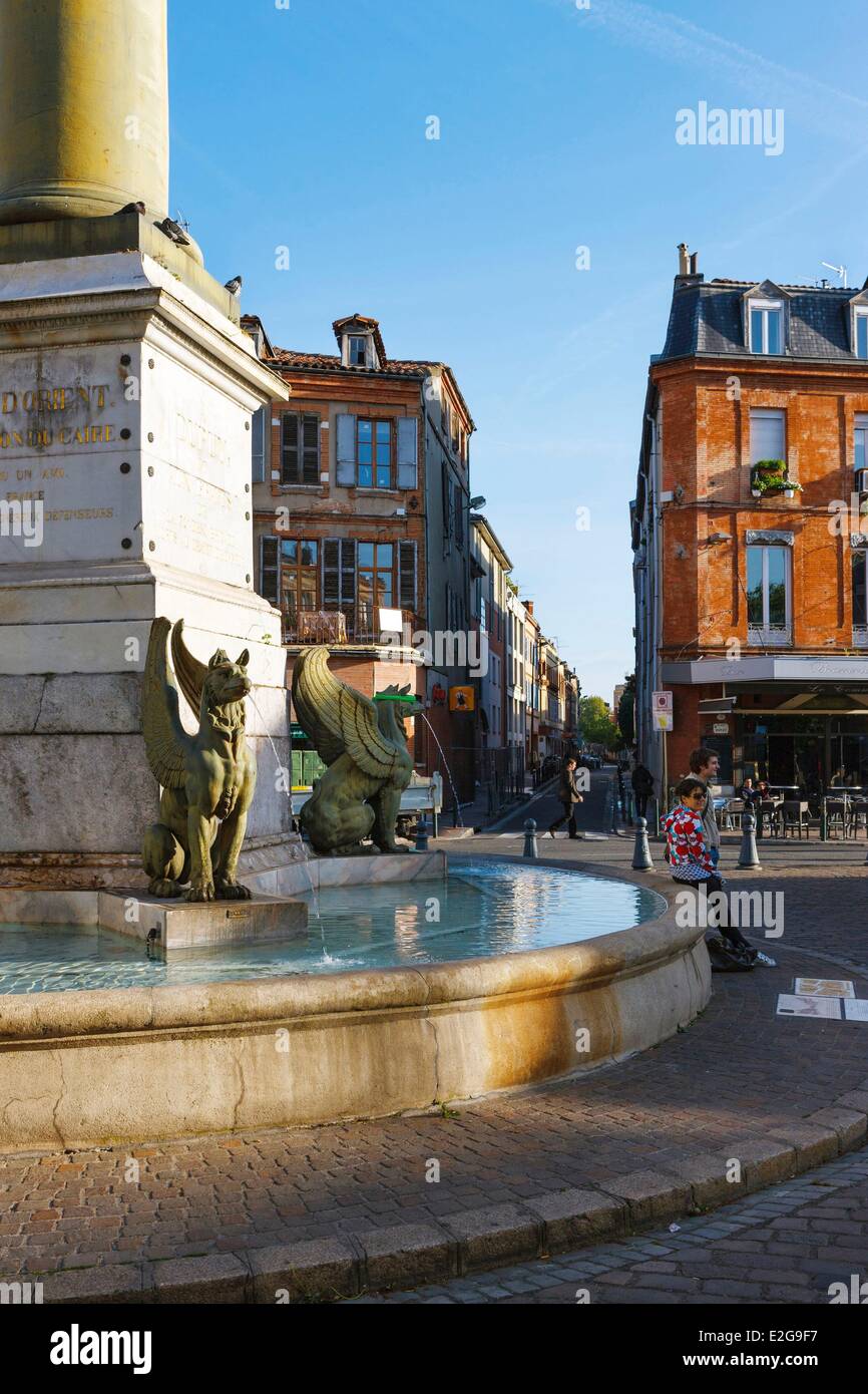 Francia Haute Garonne Toulouse edificio e una fontana Dupuy vita scena vista verticale del passaggio su di una piazza con una fontana Foto Stock