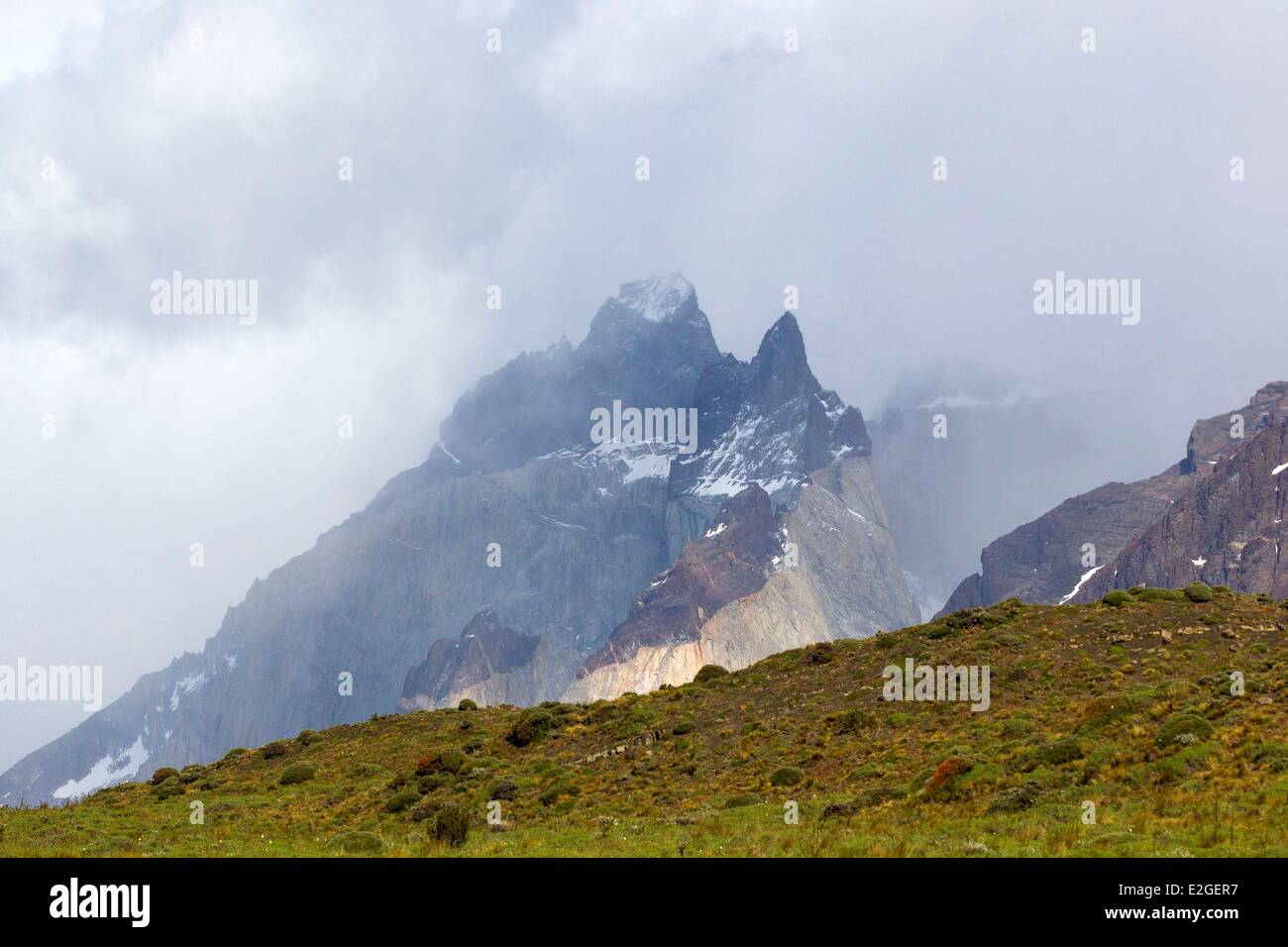 Il Cile Magallanes e cileno regione antartica Ultima Esperanza provincia Parco Nazionale Torres del Paine elencati come Riserva della Biosfera dall'UNESCO corna di Torres del Paine Foto Stock