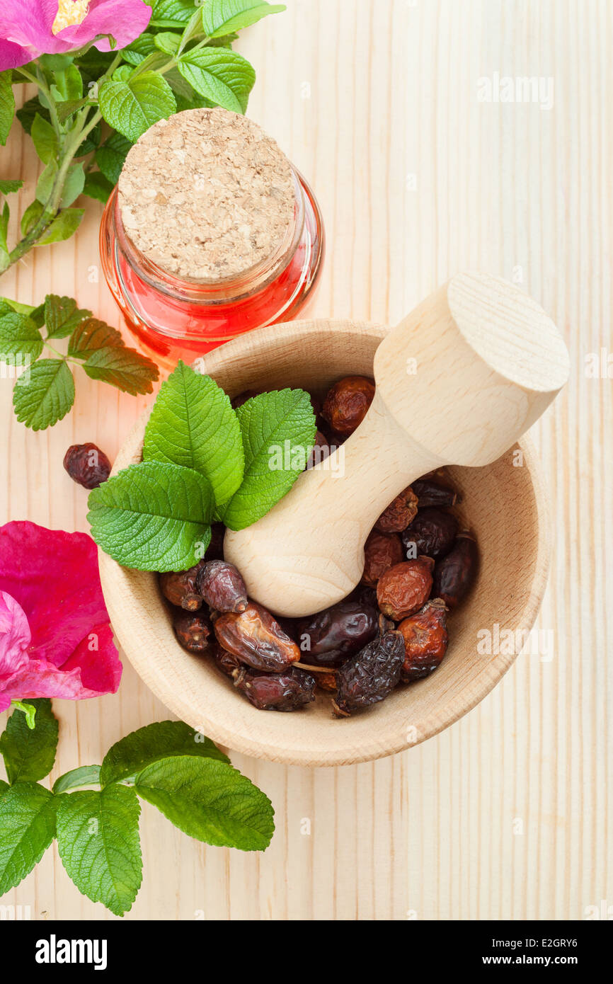Olio essenziale in una bottiglia di vetro, rosa appassita-hip bacche in mortaio di legno e di rosa mosqueta fiori sul tavolo, vista dall'alto Foto Stock