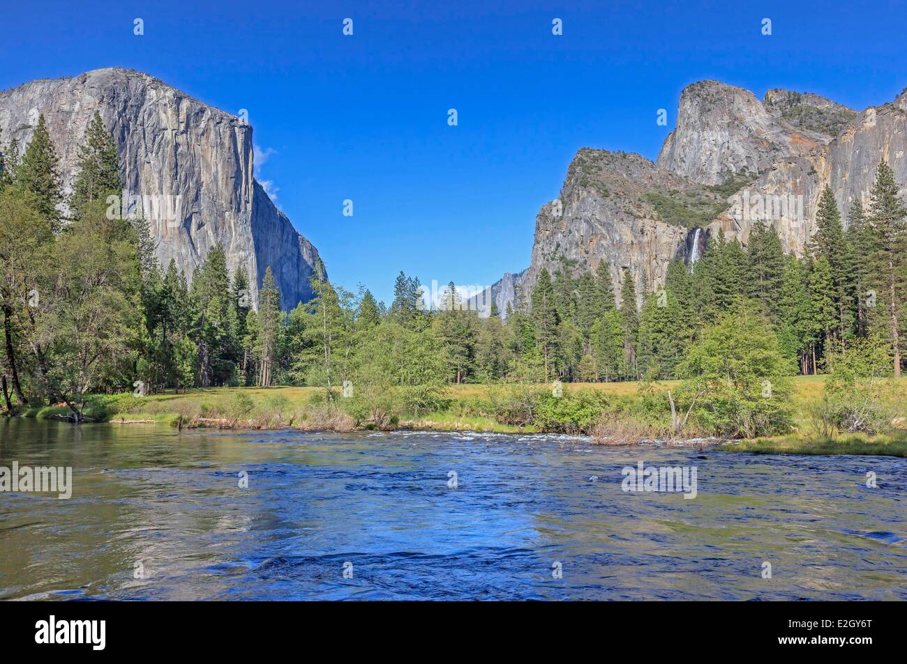 Stati Uniti California Sierra Nevada Parco Nazionale Yosemite elencati come patrimonio mondiale dall' UNESCO Yosemite Valley Merced River con El Capitan sulla sinistra e Bridalveil cadere sulla destra Foto Stock