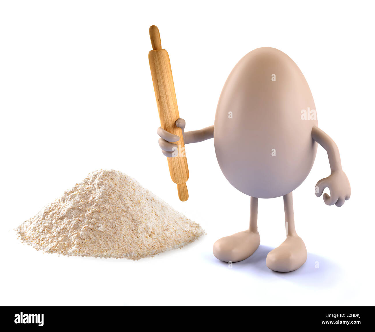 Uovo con le braccia, le gambe, il mattarello sulla mano e farina, 3d illustrazione Foto Stock